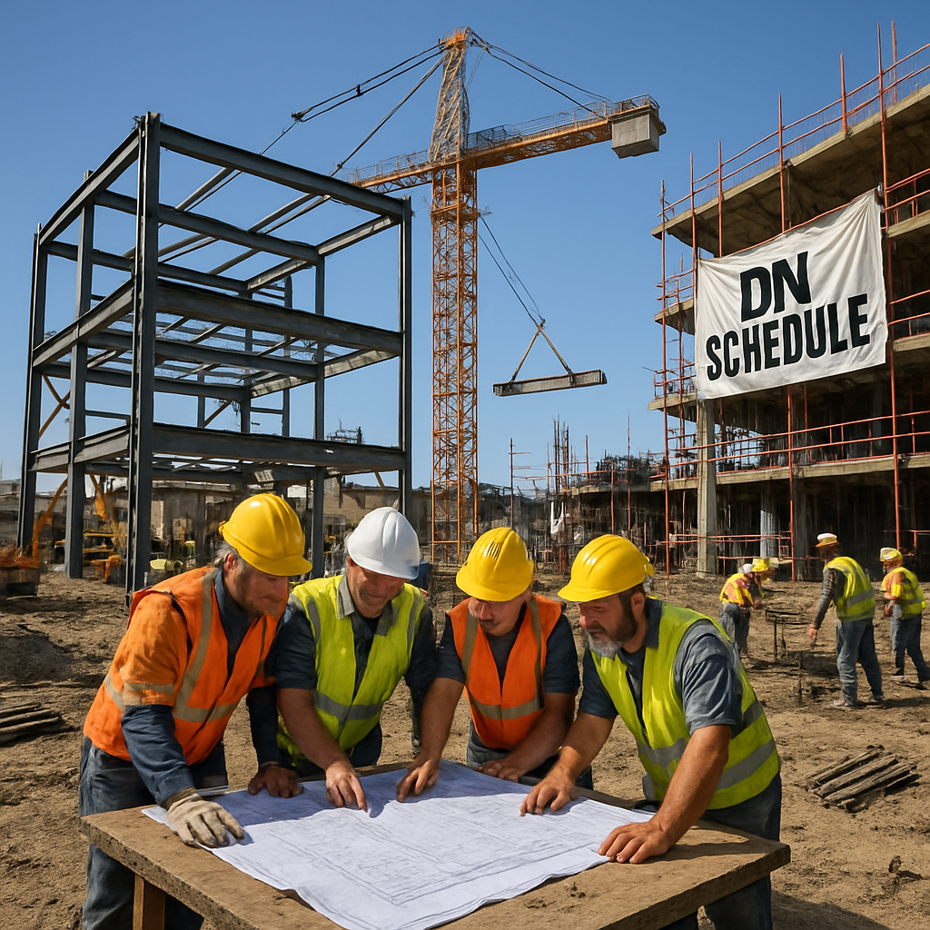 Structural steel framing being erected on a construction site, representing the importance of early scope clarity.